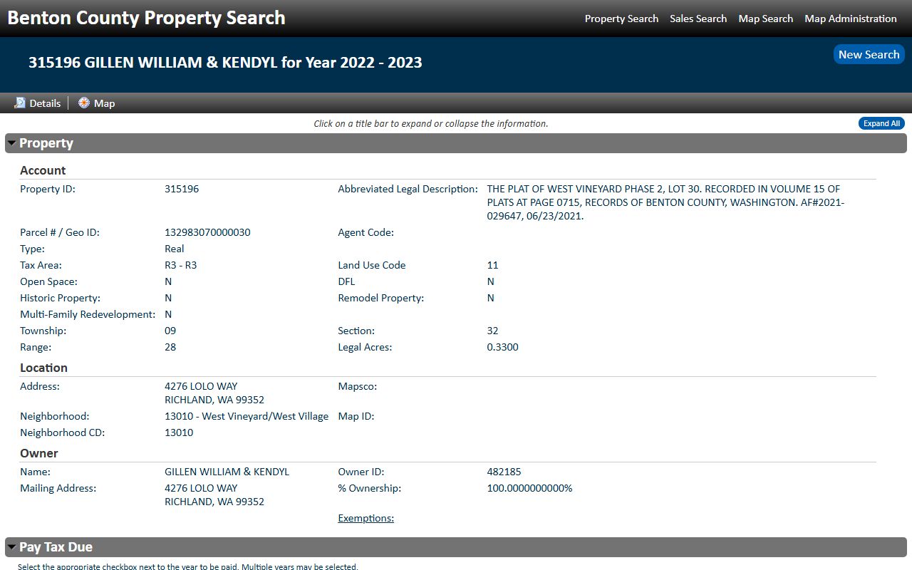 Benton County property detail page example for Kennewick WA parcel