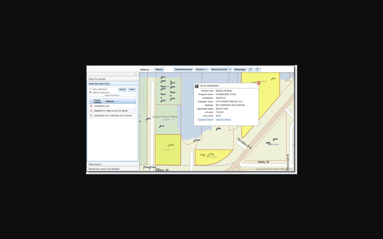 King County Parcel Viewer interface for Kent WA property tax records
