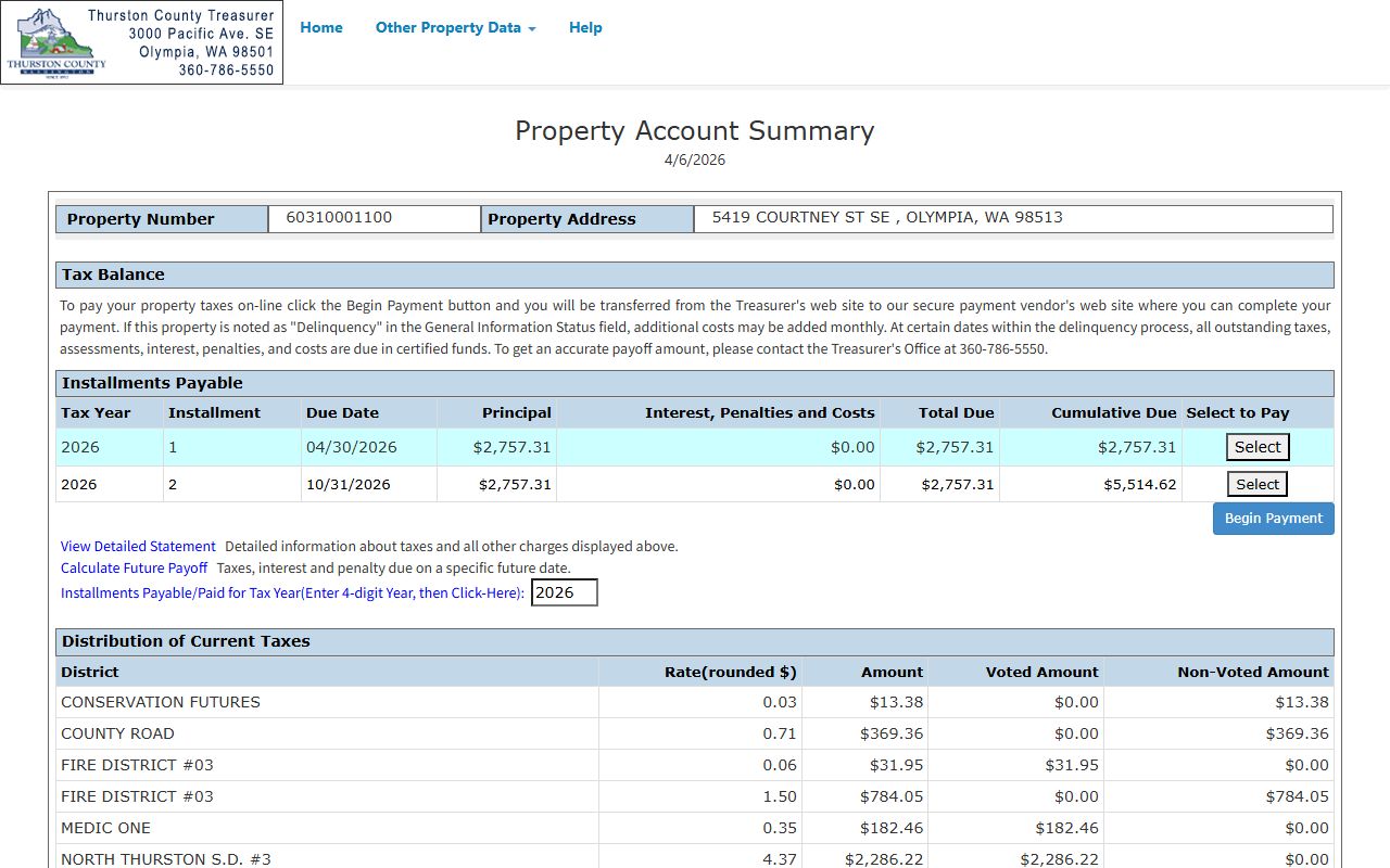 Thurston County Treasurer Ascend Web property tax payment for Olympia