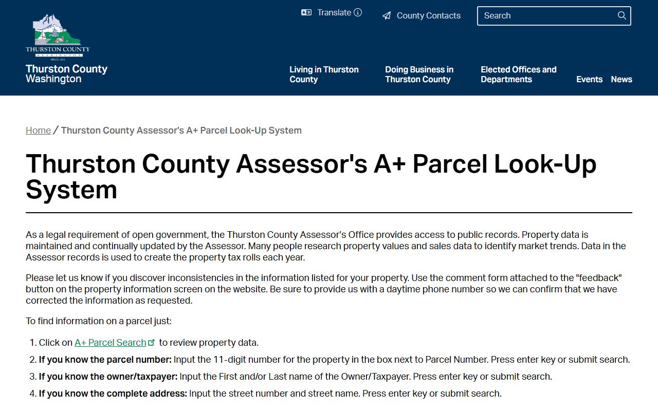 Thurston County A+ parcel search system for Olympia Washington property records