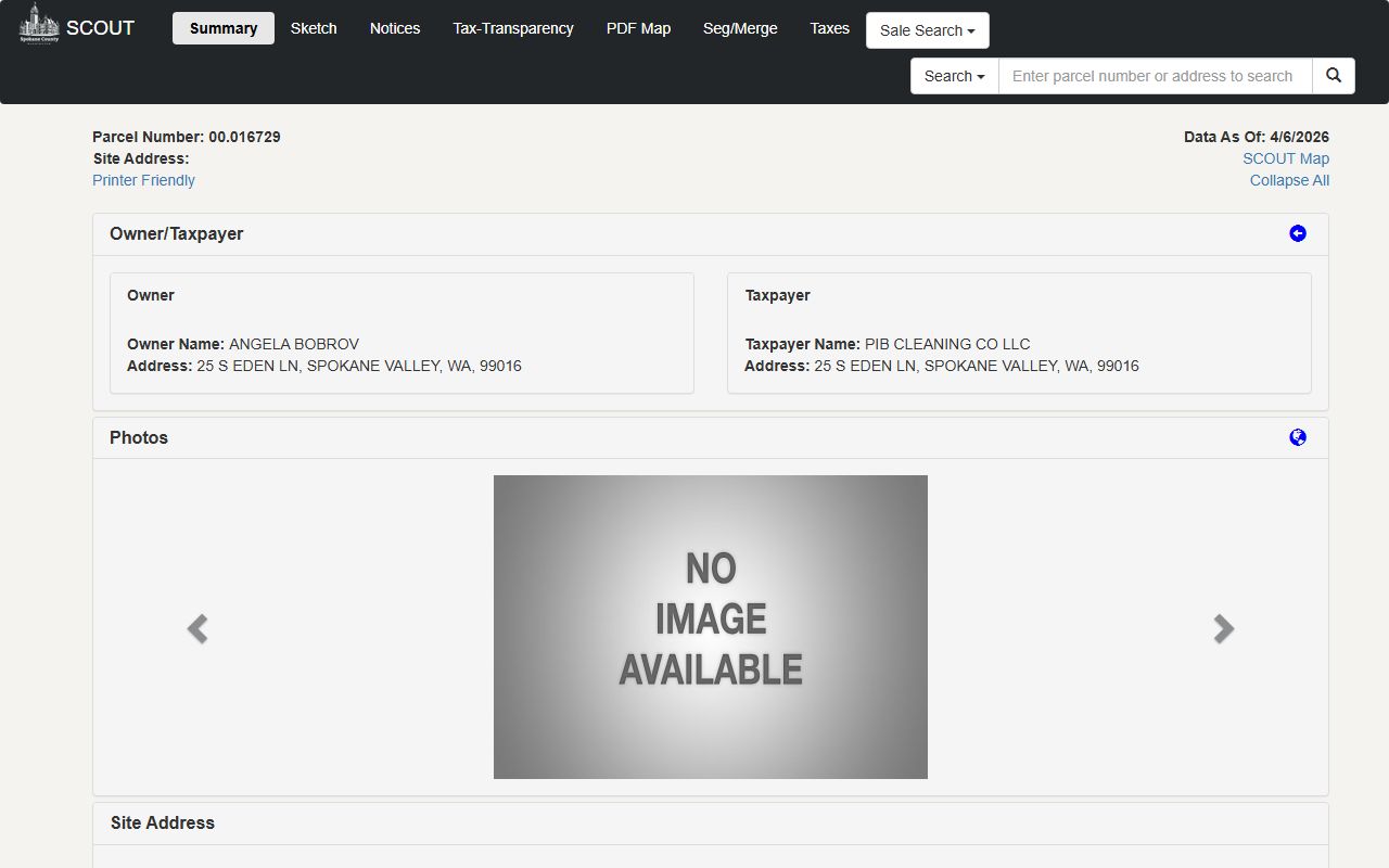 Spokane Valley Washington Property Tax Records - SCOUT sample property information summary