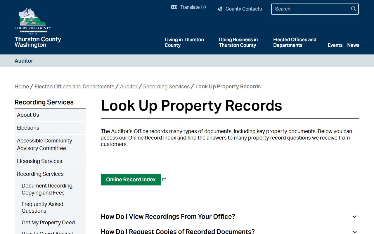Tumwater Washington Property Tax Records - Thurston County Auditor Look Up Property Records page