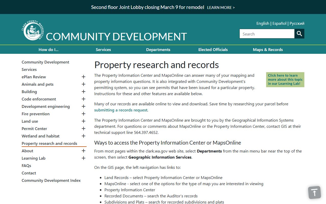 Clark County property research and records page for Vancouver