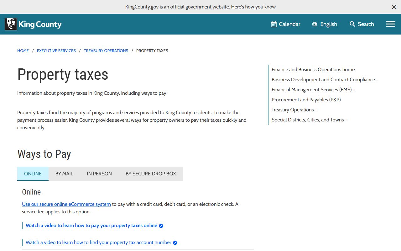 King County Washington Property Tax Records - Treasury operations property tax page