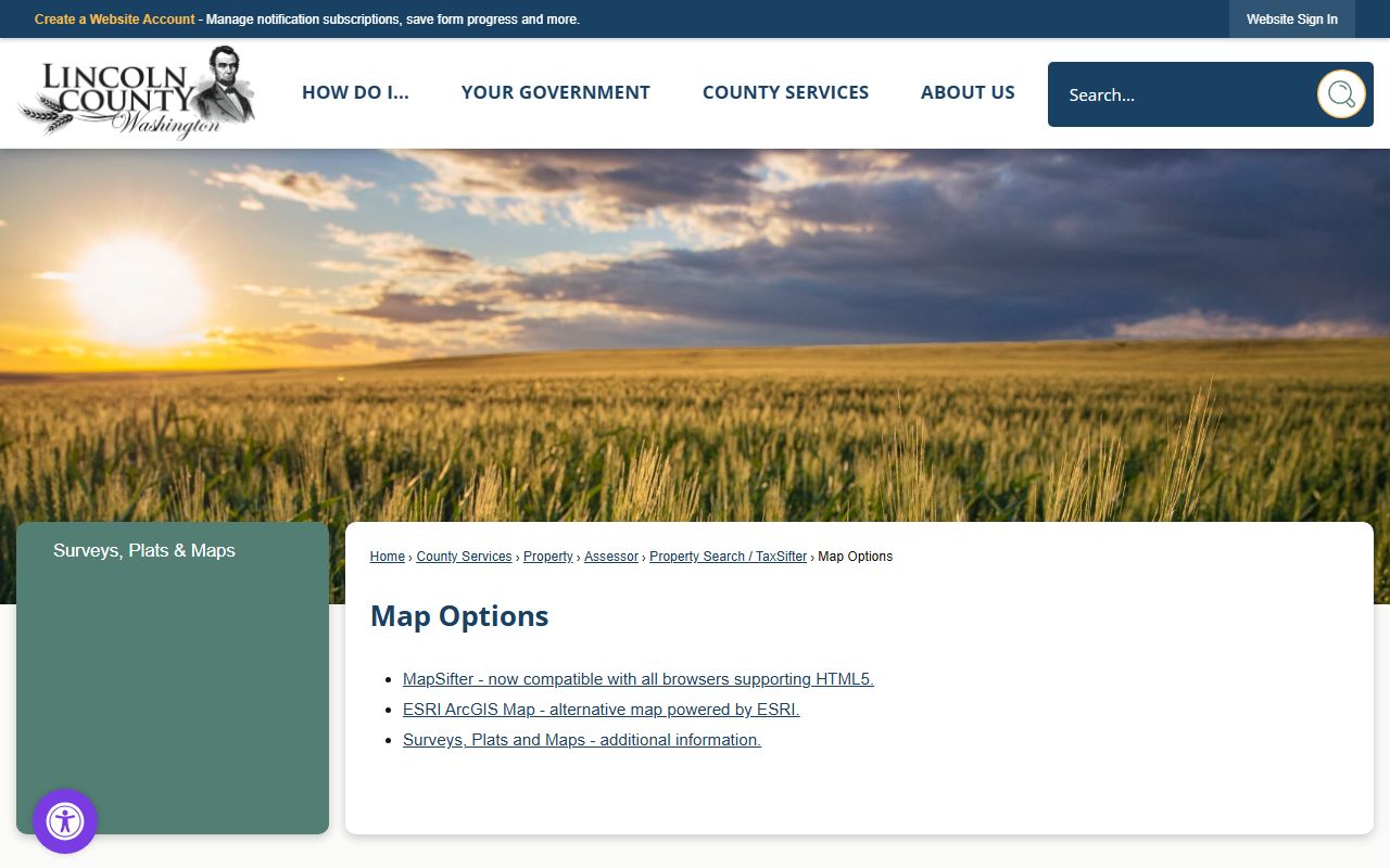 Lincoln County Washington Property Tax Records - Map Options GIS page