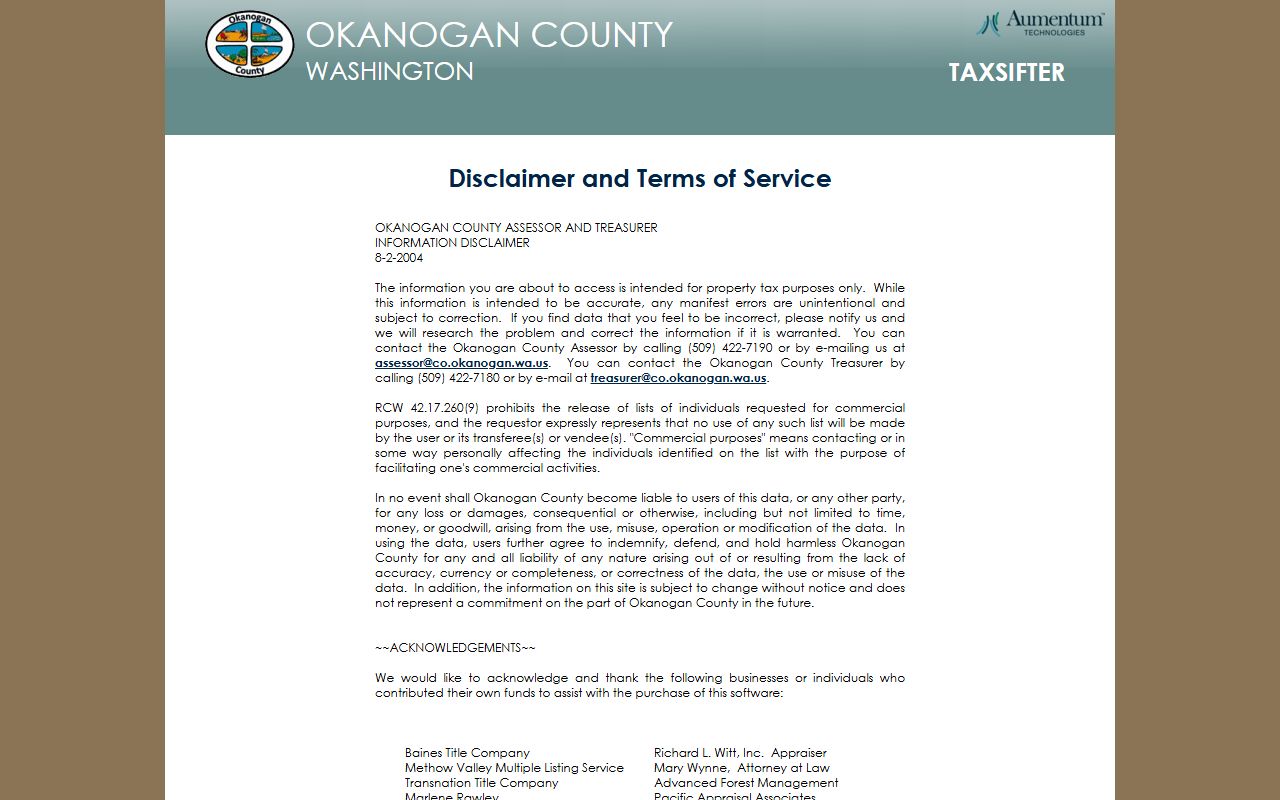 Okanogan County Washington property tax records - TaxSifter search interface