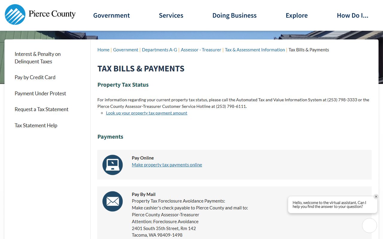 Pierce County tax bills and payments page for University Place