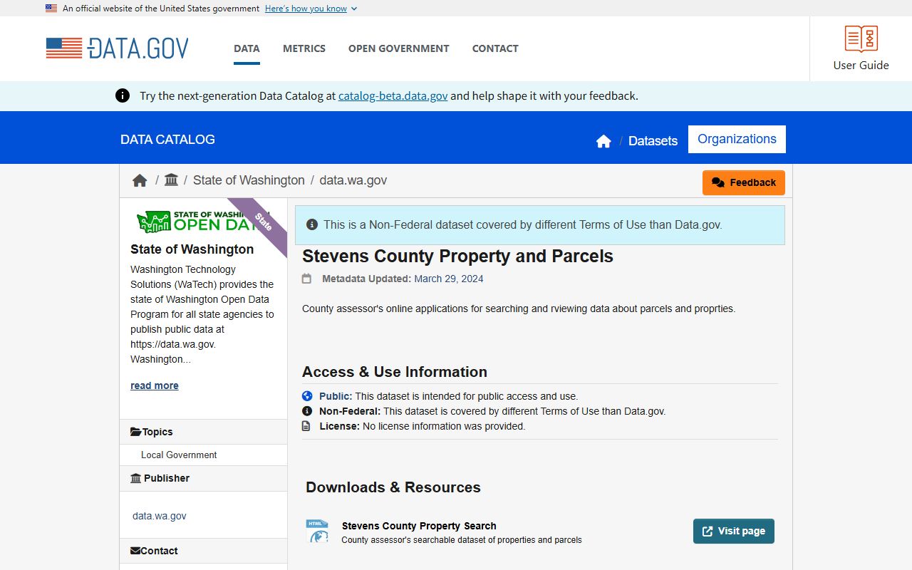 Stevens County Washington property tax records - federal data catalog entry