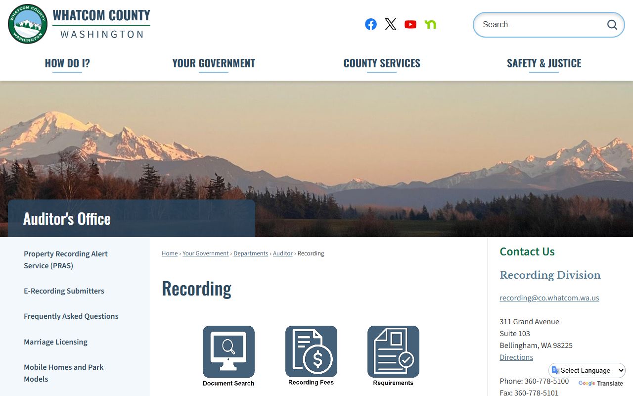 Whatcom County Washington property tax records - auditor recording division page