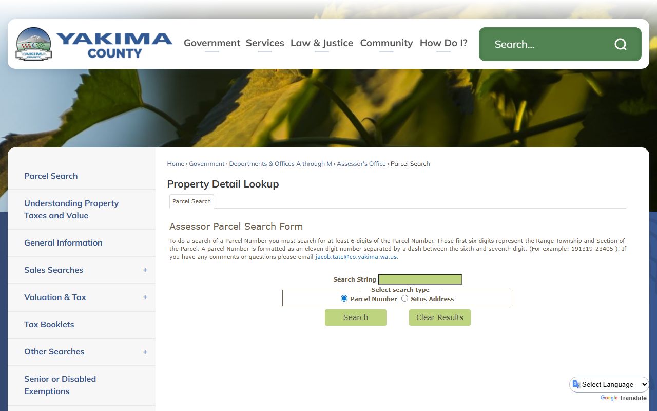 Yakima County Washington property tax records - parcel search page