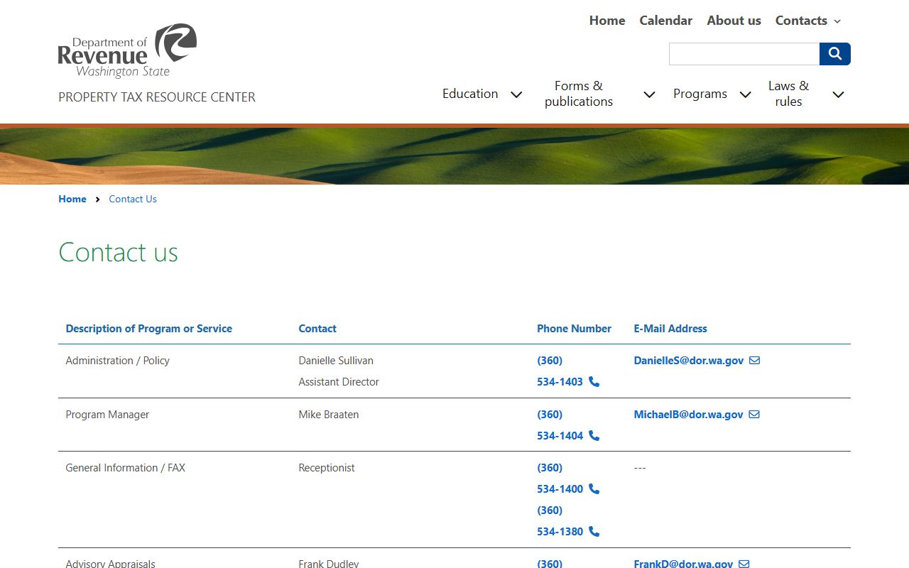 Washington State Property Tax Division Contact Directory