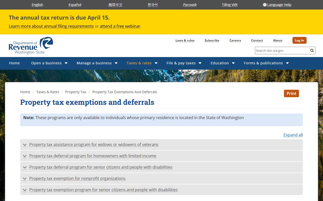 Washington State Property Tax Exemptions and Deferrals Programs